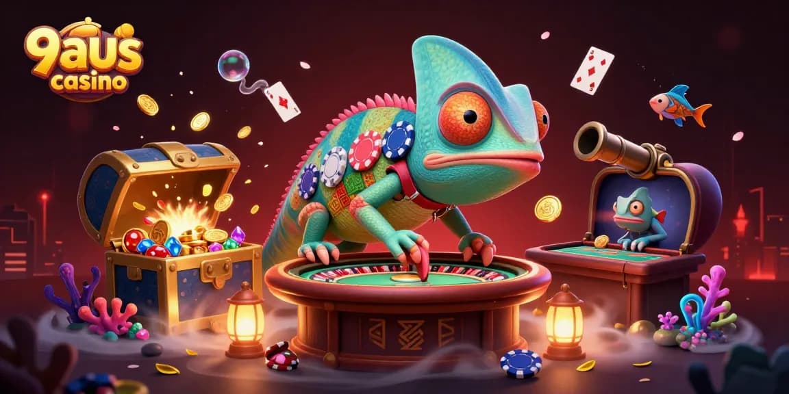 Engage with thrilling gameplay at 9aus casino in this vibrant 3D chameleon illustration.