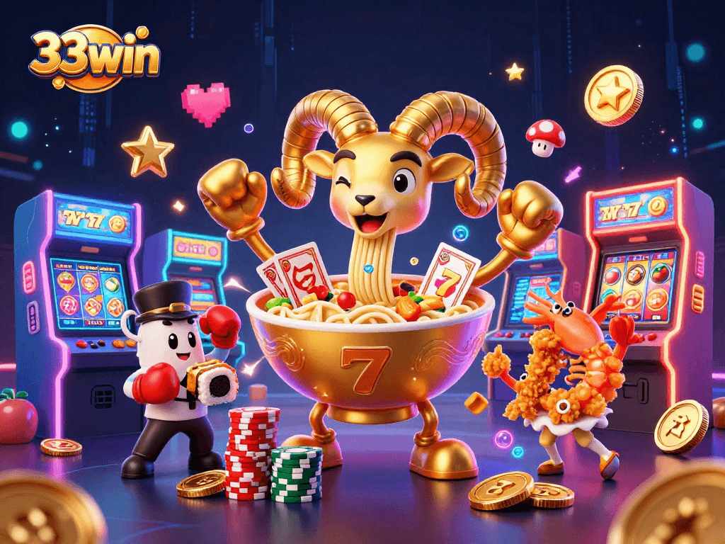 33win casino scene featuring a giant ramen bowl dealer and slot elements in a vibrant atmosphere.