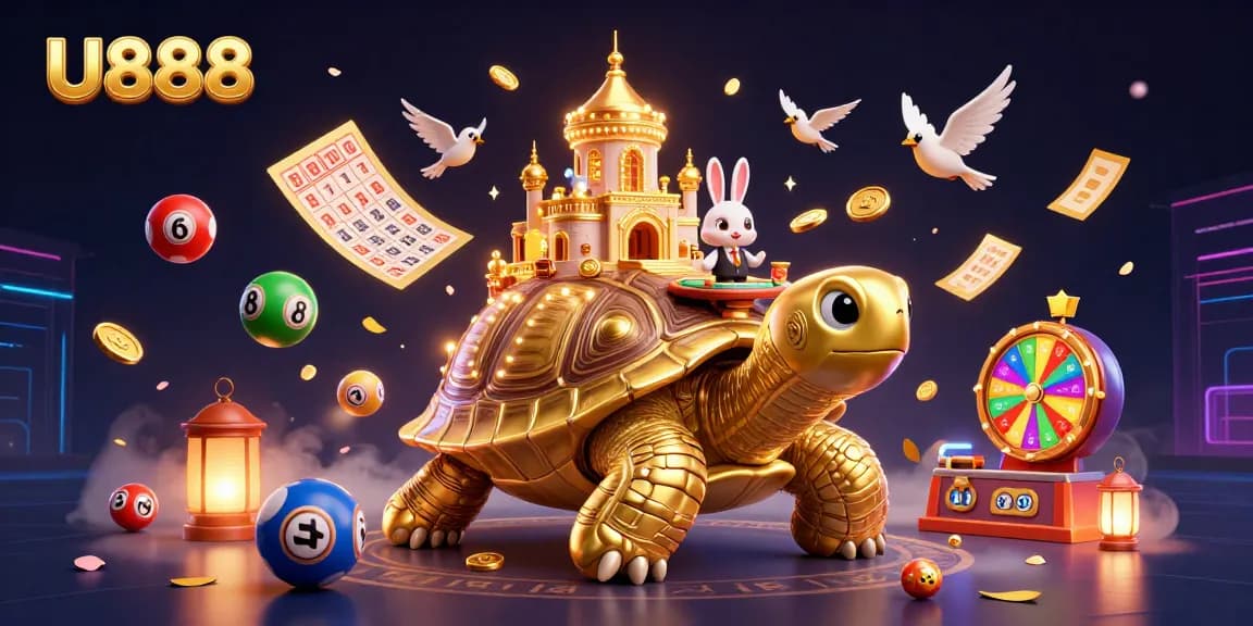 U888 presents a colorful lottery scene with a radiant tortoise casino and animated game elements.