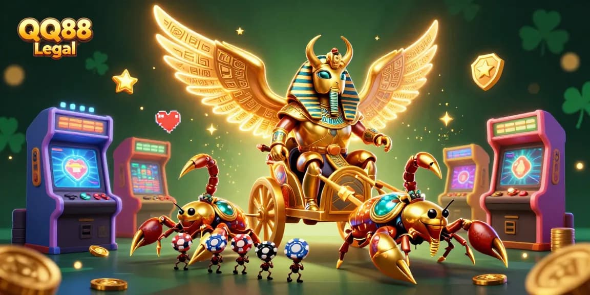 Engage in casino excitement with QQ88 Legal's vibrant 3D gaming scene featuring scarabs and scorpions.