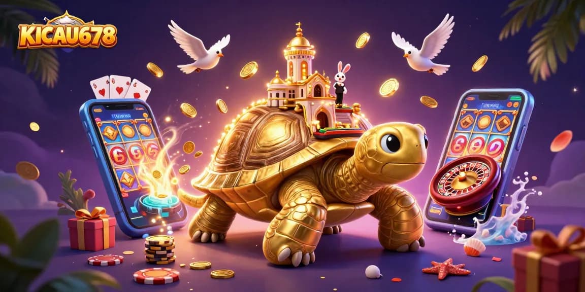 KICAU678 showcases a vibrant casino scene with a golden tortoise and rabbit dealer amidst flying coins and gaming elements.