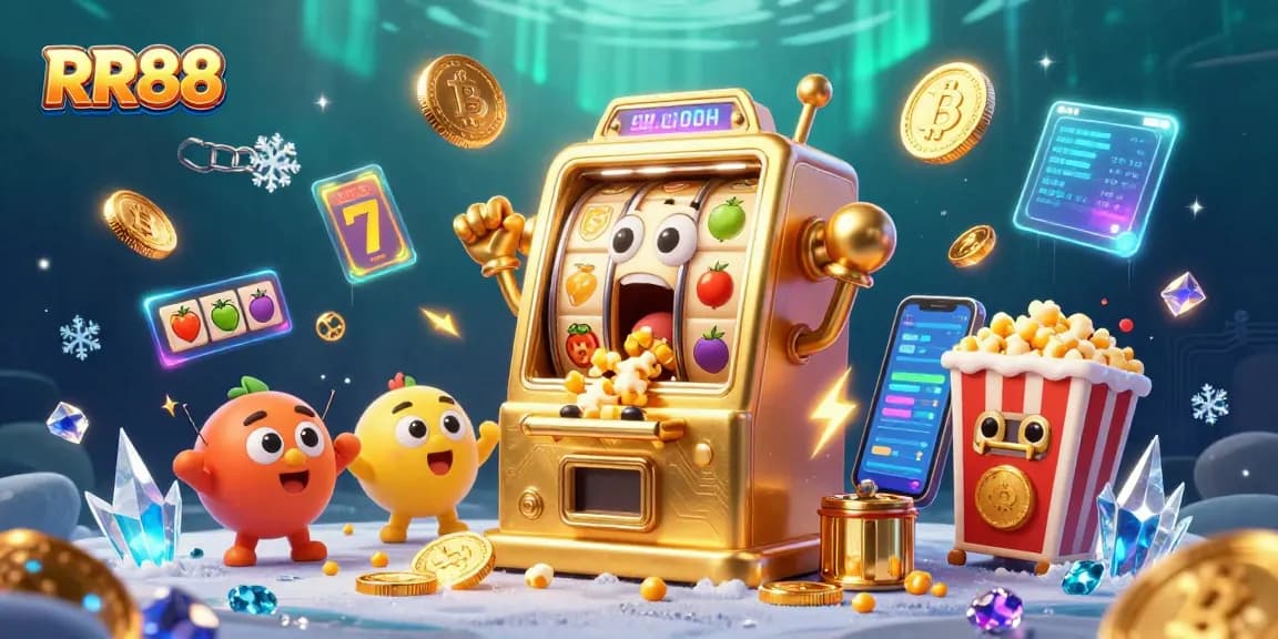 RR88 slot machine hits jackpot with golden coins pouring out amidst exciting casino elements.