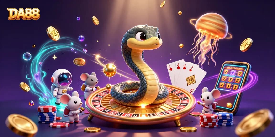 Experience thrilling bets with DA88 in a vibrant casino cosmos illustration.