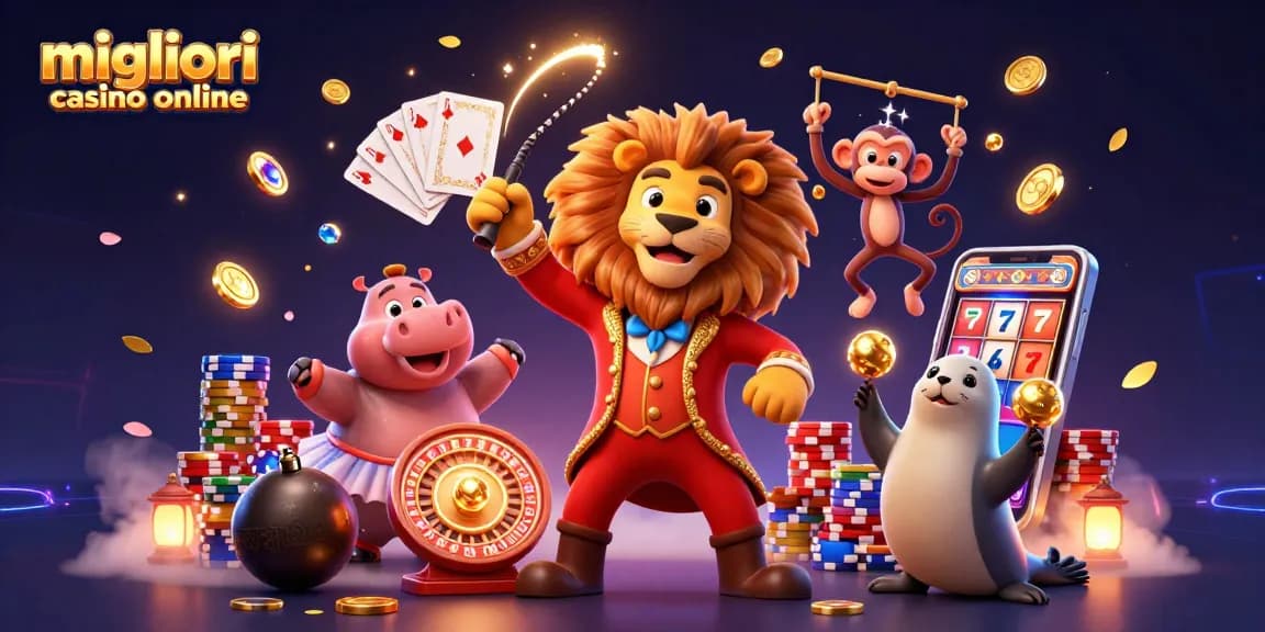 Illustrazione 3D di migliori casino online con un leone presentatore, un ippopotamo, una scimmia trapezista e una foca che giocolano.