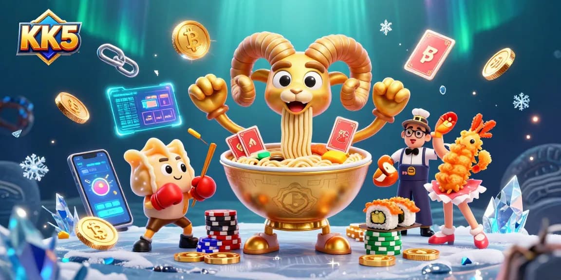 Experience dynamic gaming with KK5's vibrant casino-themed 3D cartoon illustration.