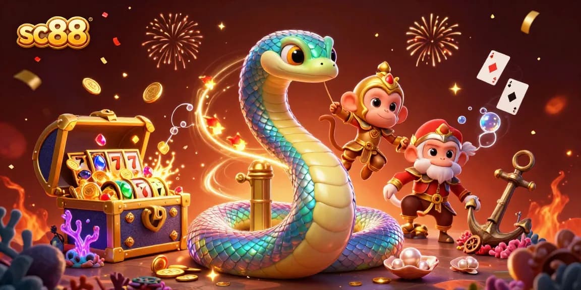 Engage with sc88's vibrant casino world featuring a playful monkey king and a colorful serpent.