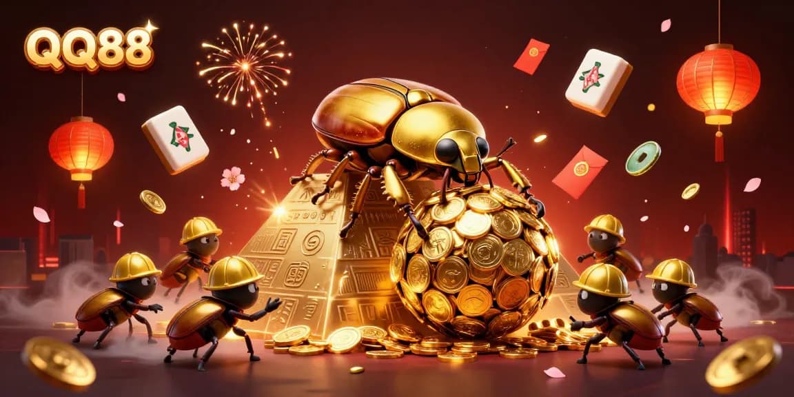 Experience QQ88 with a golden beetle rolling coins, showcasing excitement in the casino.