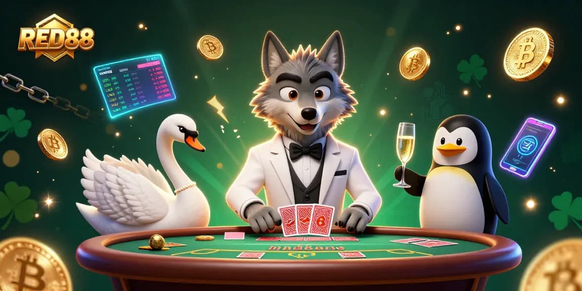 Join the fun with RED88: a debonair wolf and elegant swan at a baccarat game.