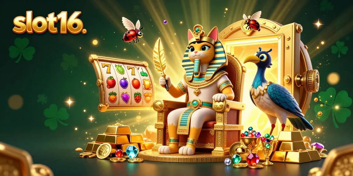 Experience the vibrant world of slot16 with alluring golden treasures and engaging gaming characters.