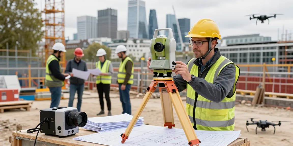 Land surveyors London using advanced technology on a construction site.