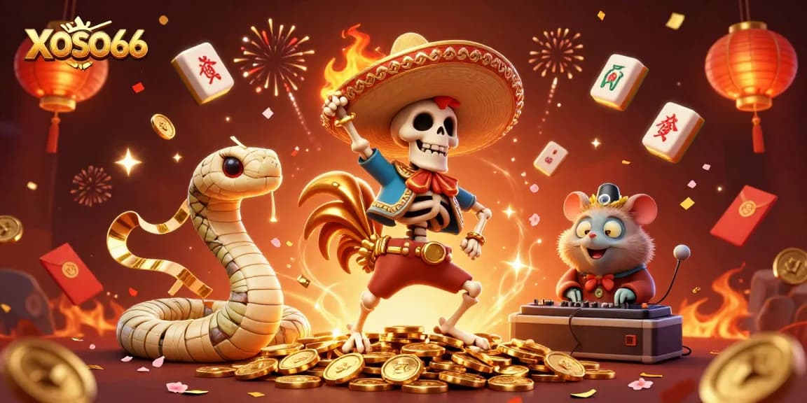 XOSO66 banner showcasing a festive victory dance with a mariachi rooster, confetti, and gold coins