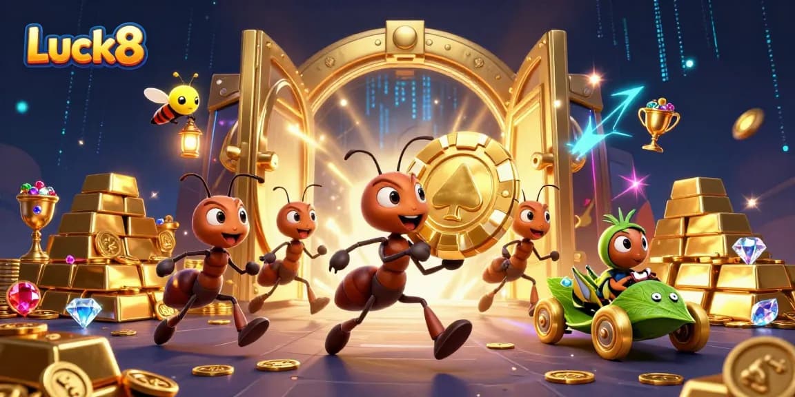 Experience Luck8's thrilling heist with cartoon ants carrying a giant poker chip amidst gold and jewels!