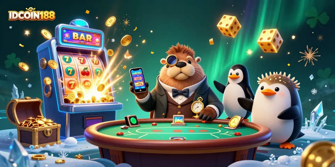 IDCOIN188 showcases a jolly walrus in a Victorian outfit gaming at an underwater poker table.