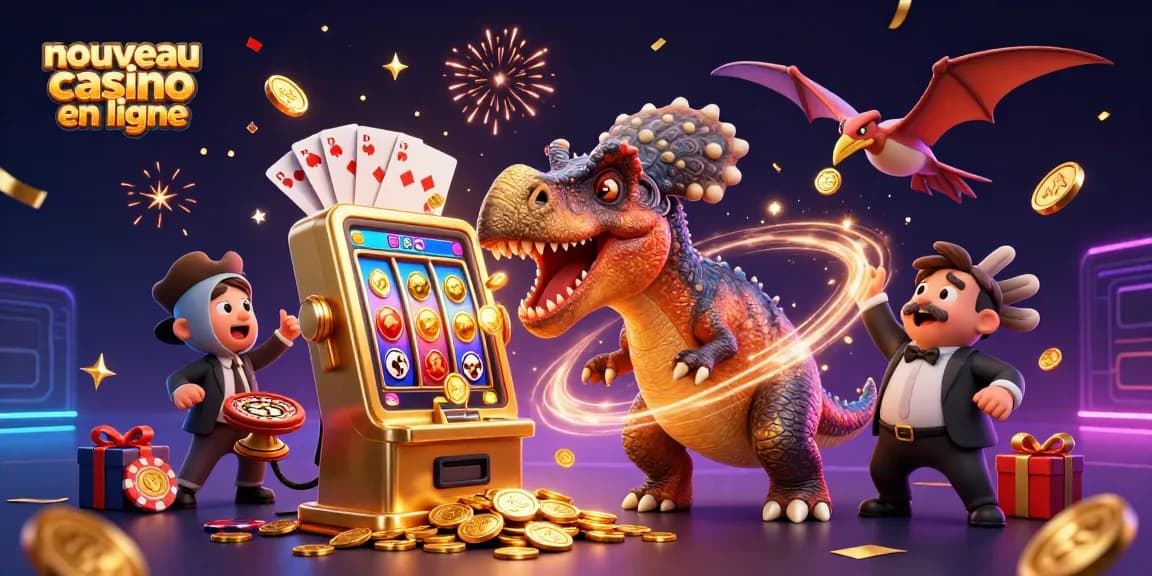 Illustration festive de nouveau casino en ligne avec des personnages animés gagnant des jackpots et des pièces d'or.