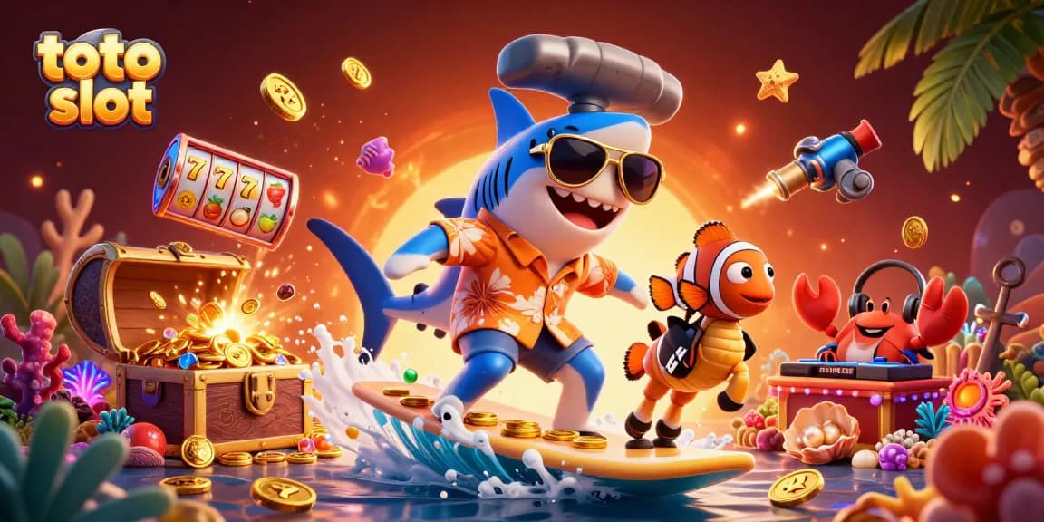 Gambarkan permainan toto slot dengan ikan hiu dan clownfish dalam suasana kasino yang meriah.