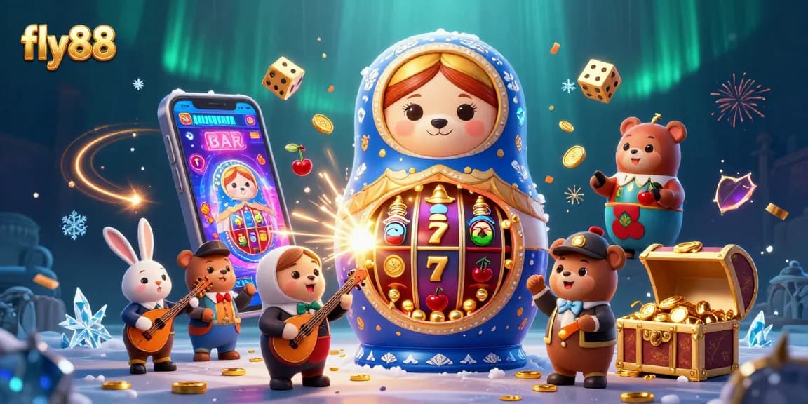 Play thrilling casino games at fly88, featuring vibrant 3D characters and slot machine excitement.
