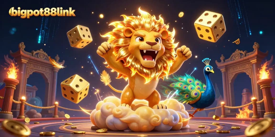Experience bigpot88link with vibrant casino elements and a roaring lion on a colorful backdrop.