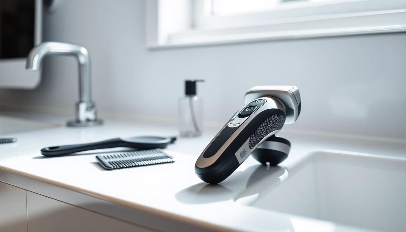 Grooming with a one blade electric shaver highlighting its sleek design.