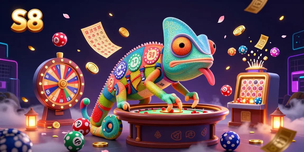 S8 casino owner chameleon collects golden coins while vibrant game elements fill the scene