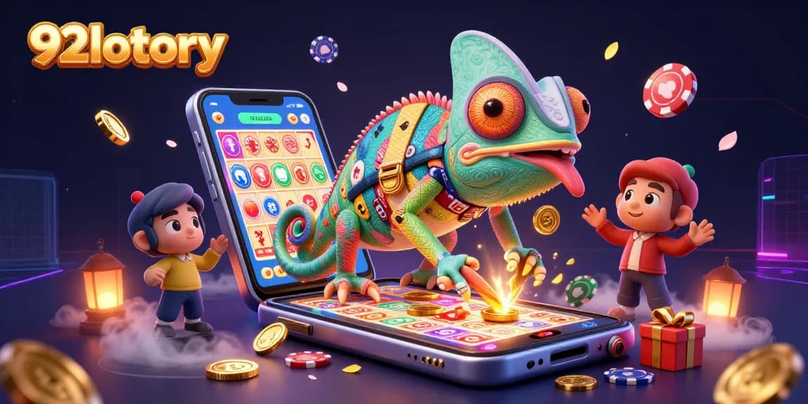 Engage with 92lottery through a vibrant 3D chameleon illustration showcasing dynamic lottery game elements.
