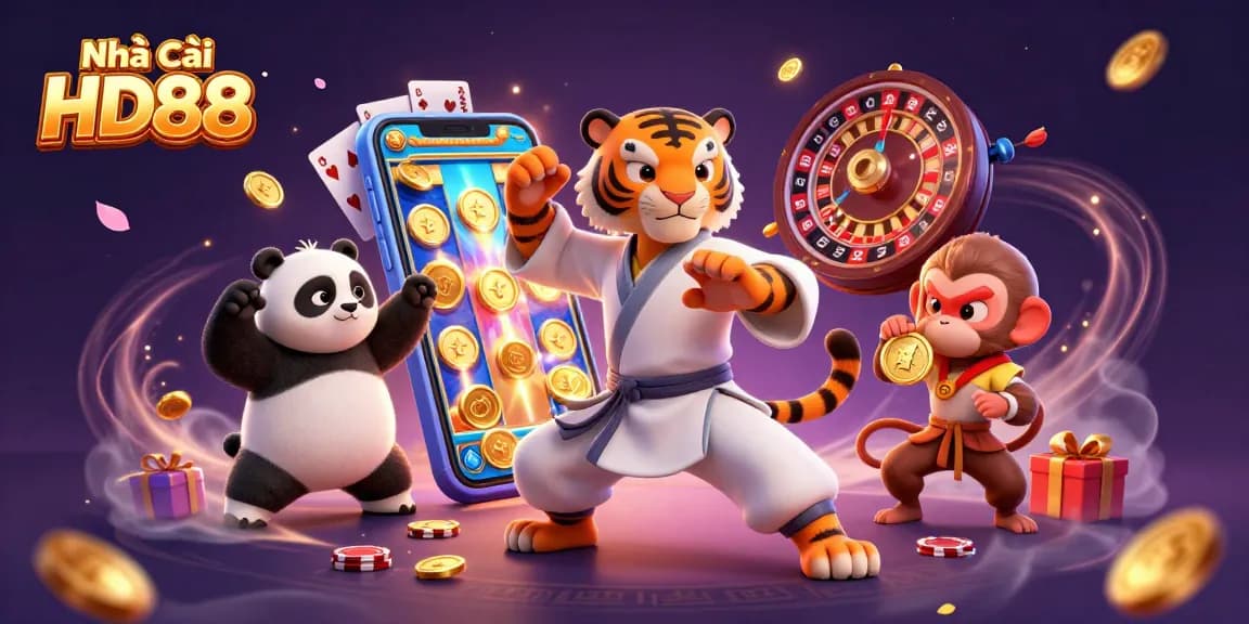 Engage with Nhà cái HD88, featuring 3D cartoon characters immersed in exciting gambling activities with vibrant casino elements.