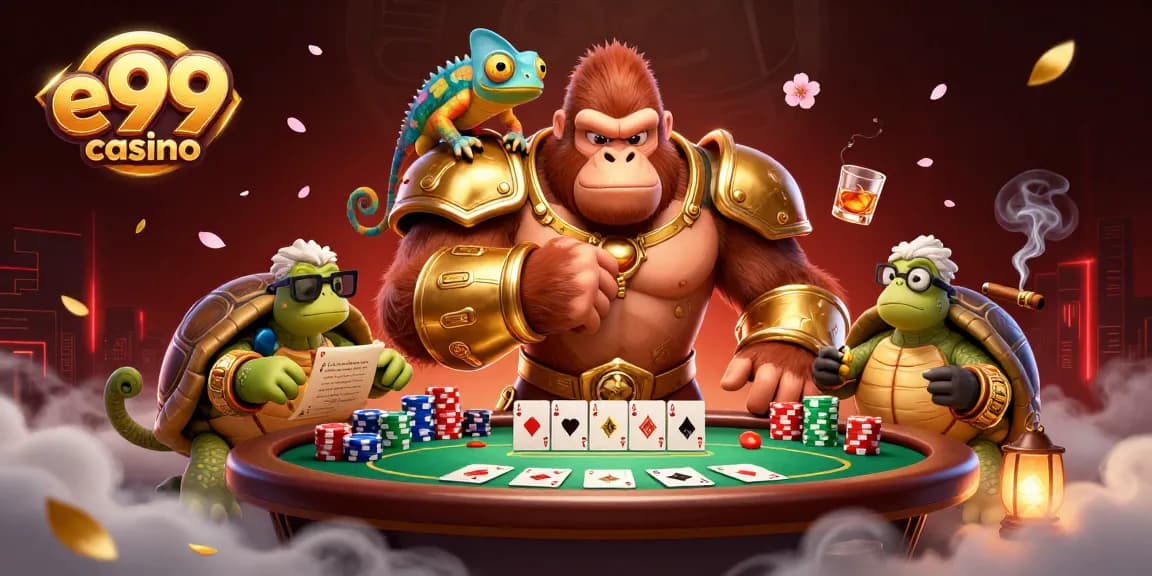 e99 casino showcases vibrant gameplay with unique characters amid energetic poker action.