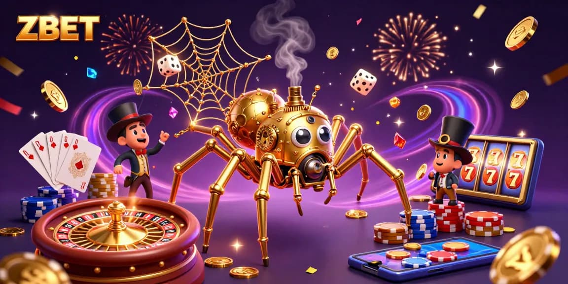Experience thrilling gameplay at ZBET with a steampunk twist featuring cascading coins, roulette wheel, and poker elements.