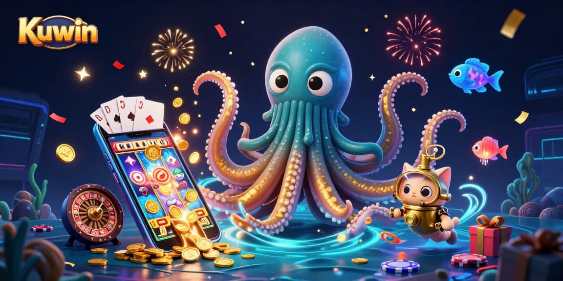 Kuwin engages players with a vibrant 3D scene showcasing a kraken, diver cat, and colorful gambling elements.