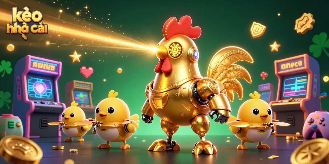 Engage with kèo nhà cái's vibrant 3D illustration featuring a golden rooster robot and baby chick drones in an energetic casino atmosphere.