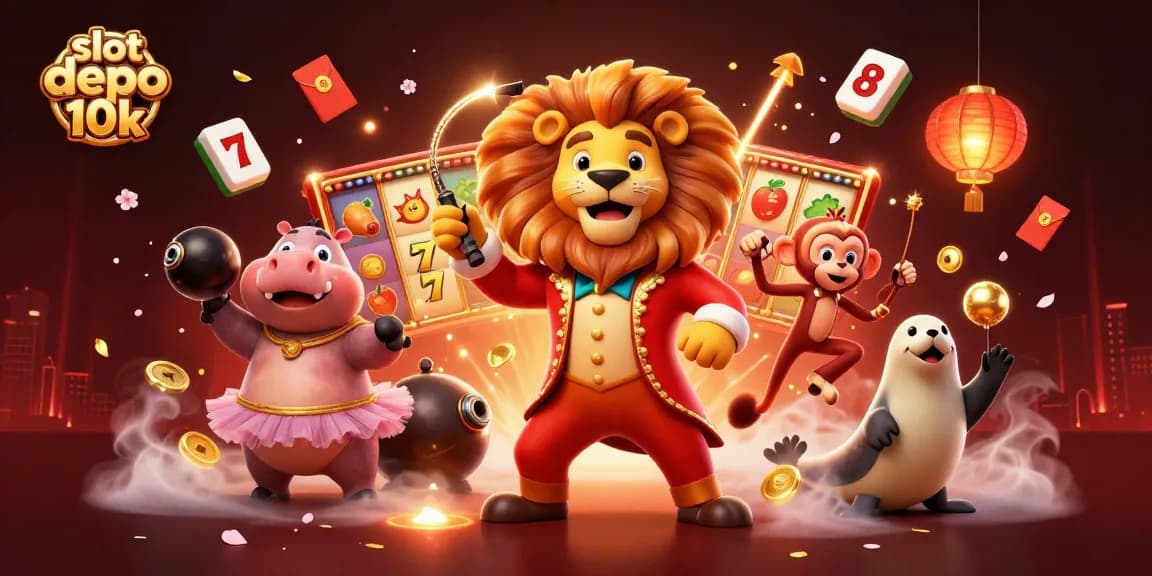 Engage with slot depo 10k as colorful characters play amid vibrant casino imagery, ready to win!