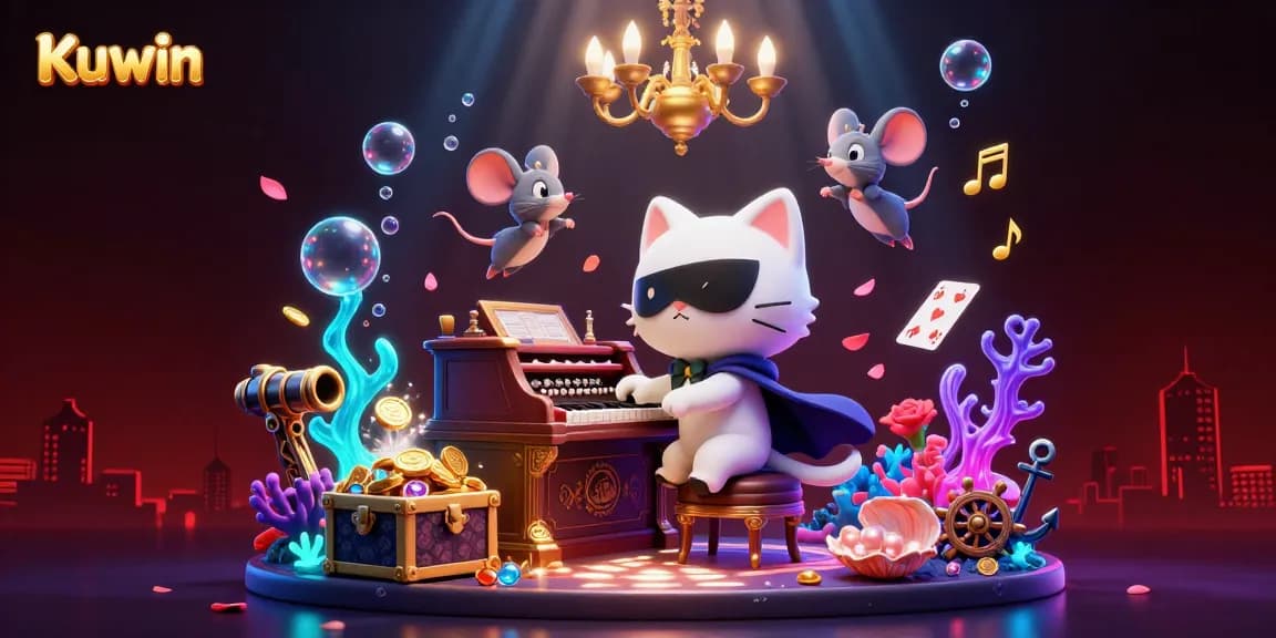 Kuwin showcases an exciting underwater casino adventure with a phantom cat and a mouse acrobat amid floating playing cards and treasure.