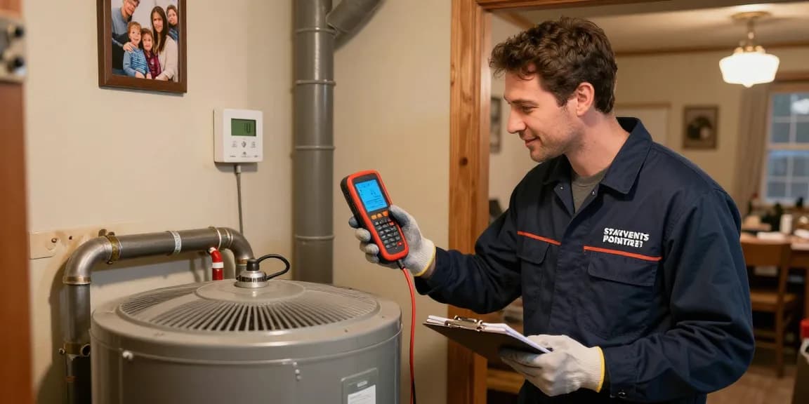 Friendly technician conducting furnace repair Stevens Point in a cozy home basement, ensuring family comfort.