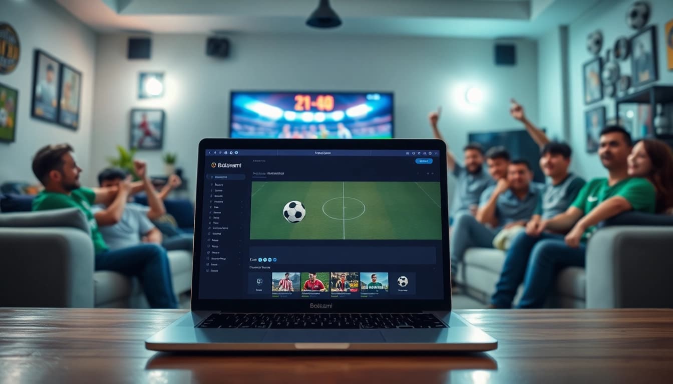 Menyaksikan pertandingan sepak bola melalui bolakami apk di ruang tamu yang ramai.
