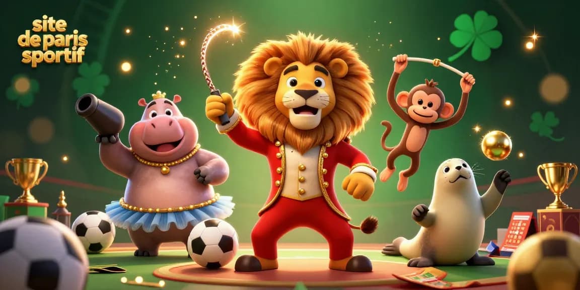Le site de paris sportif présente une animation captivante avec un lion maître de cérémonie, un hippopotame et un singe, entourés d'éléments de paris sportifs.