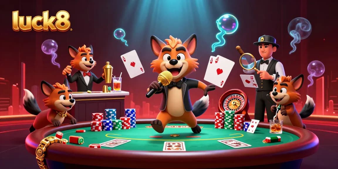 Experience luck8's vibrant casino atmosphere with hyenas entertaining and gaming.