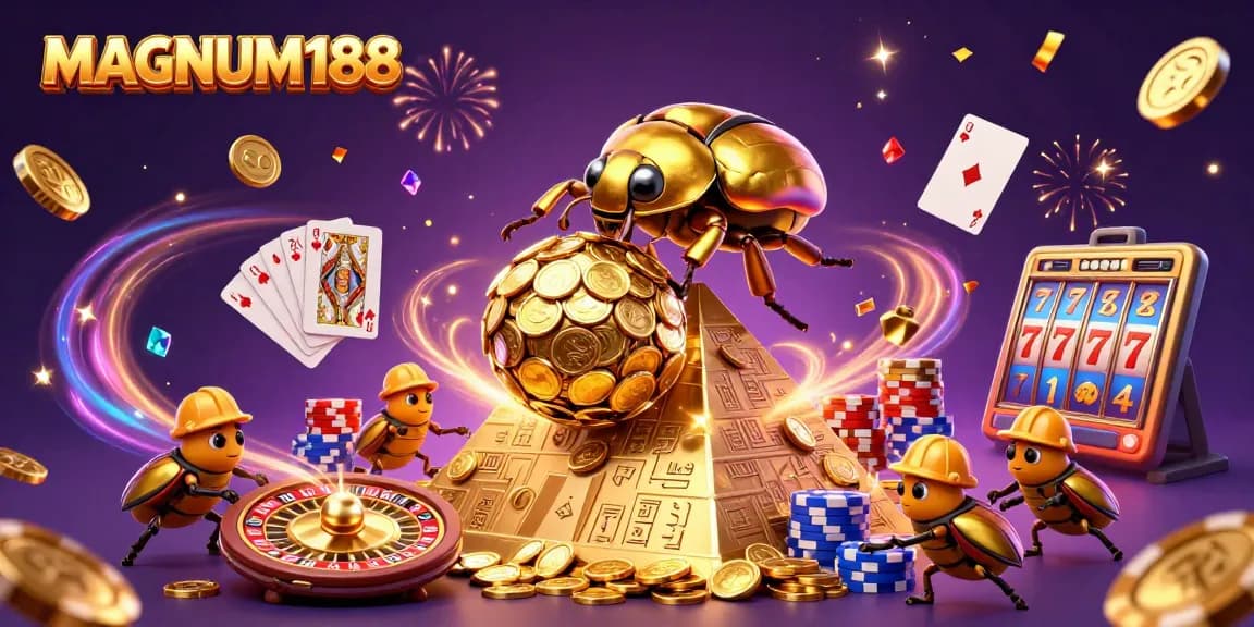 Spin the wheel and win with MAGNUM188, featuring golden beetles and sparkling casino elements.