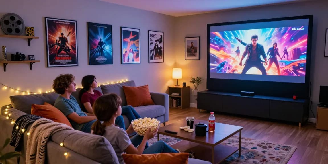 Family enjoying a movie night on Movies4u with popcorn and cozy atmosphere