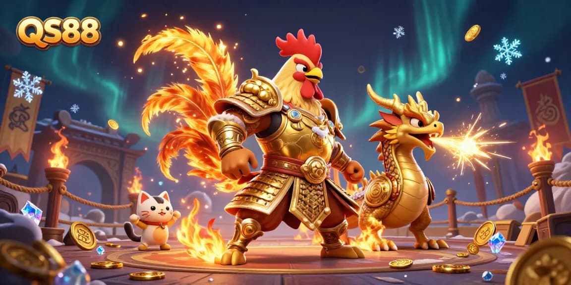 Experience the excitement of QS88 as the fighting rooster and dragon hatchling dominate the gaming world.
