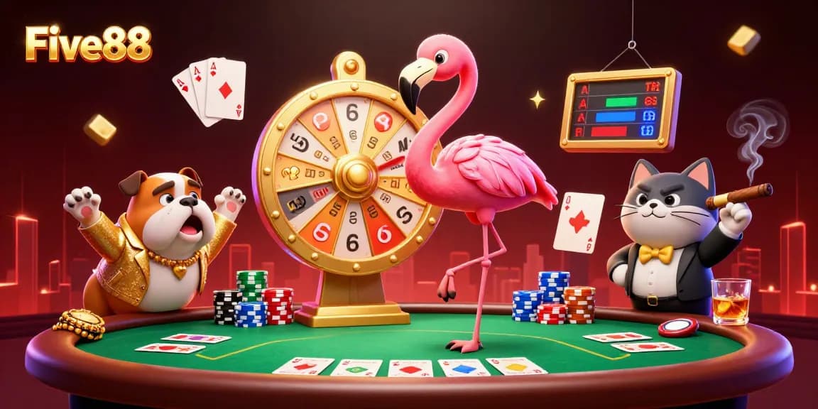 Experience the thrilling Five88 action with a flamingo host and bulldog contestant in an electrifying casino scene.