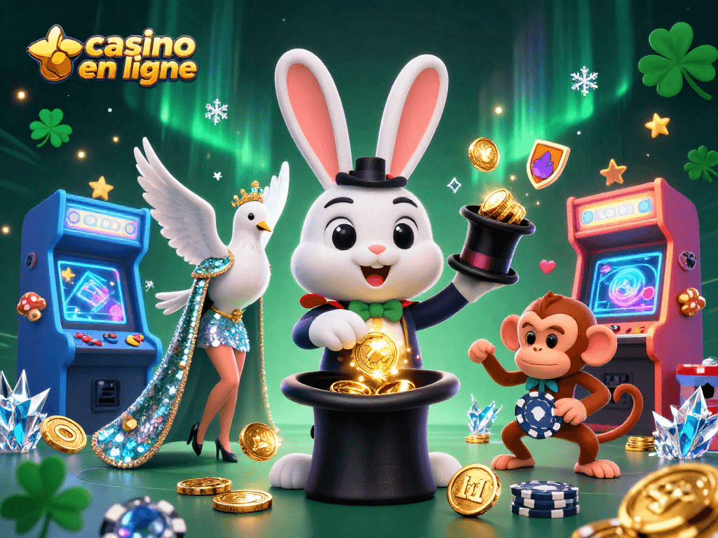Jouez au casino en ligne avec des personnages colorés qui célèbrent des gains, entourés d'éléments de jeu