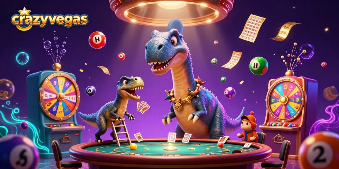 Experience thrilling fun at crazyvegas with a giant brontosaurus and vibrant gaming elements in this dynamic casino scene.