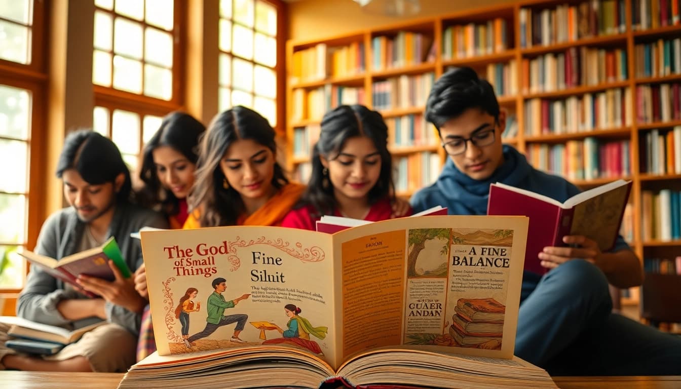 Readers enjoying popular indian fiction novels in a cozy library setting.
