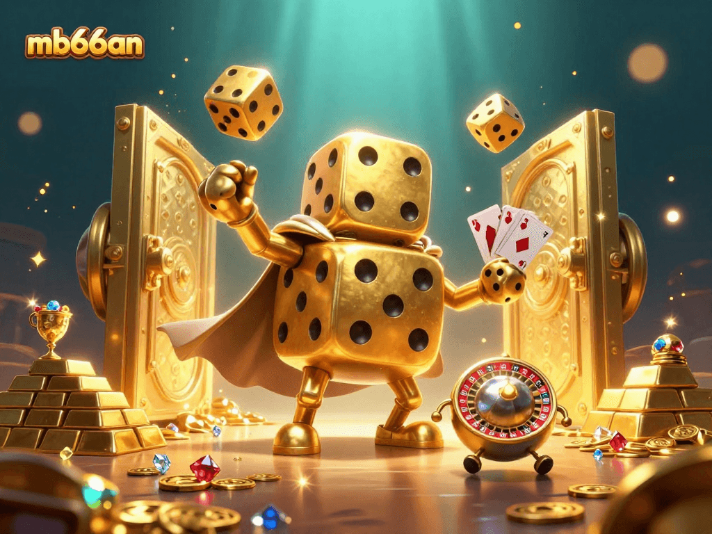 Engage in thrilling gameplay at mb66an with a vibrant 3D casino scene filled with gold treasures.
