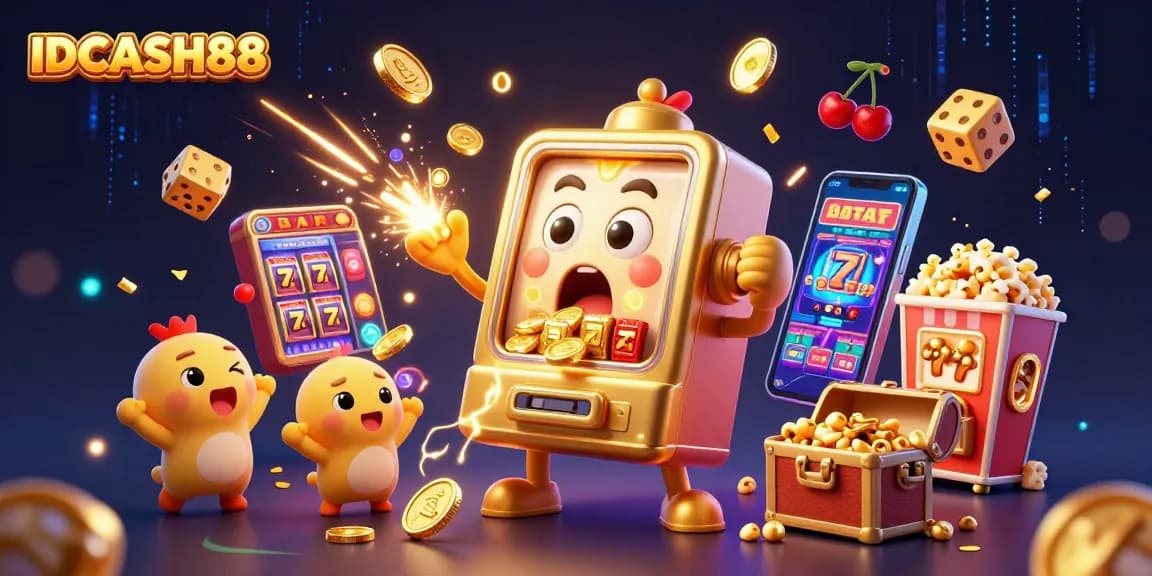Experience the thrilling jackpots of IDCASH88 with a golden slot machine bursting with coins and excitement.