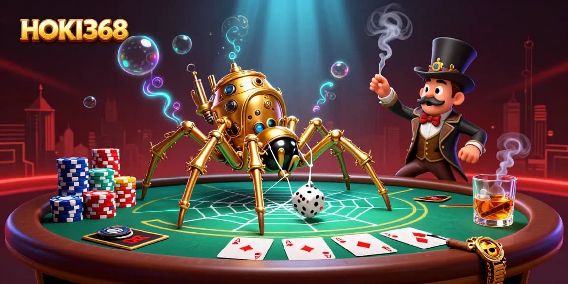 HOKI368 delivers thrilling poker action with steampunk spider and Victorian gentleman in stunning detail.