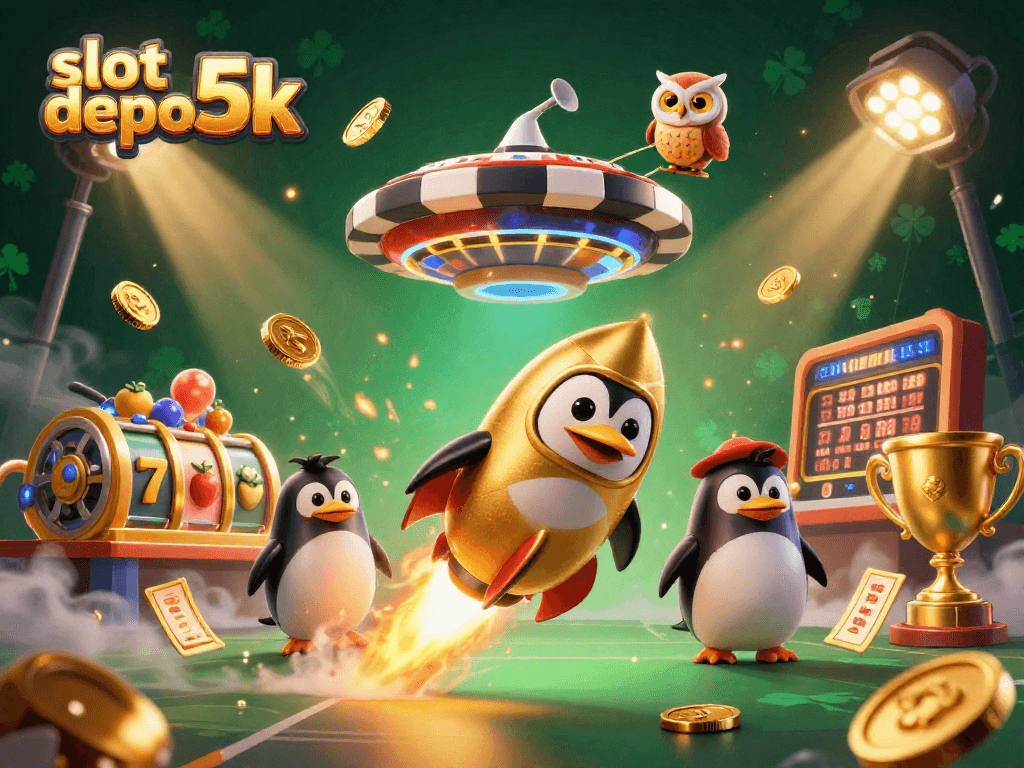 Experience slot depo 5k with a golden penguin racing towards a giant poker chip in this dynamic casino-themed artwork.