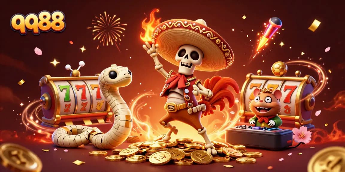 Experience the thrill of qq88 with a vibrant 3D casino scene featuring characters and slot elements.