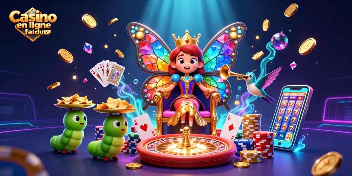 Experience thrill at a Casino en ligne fiable with vibrant 3D illustration featuring a butterfly queen and dynamic casino elements.