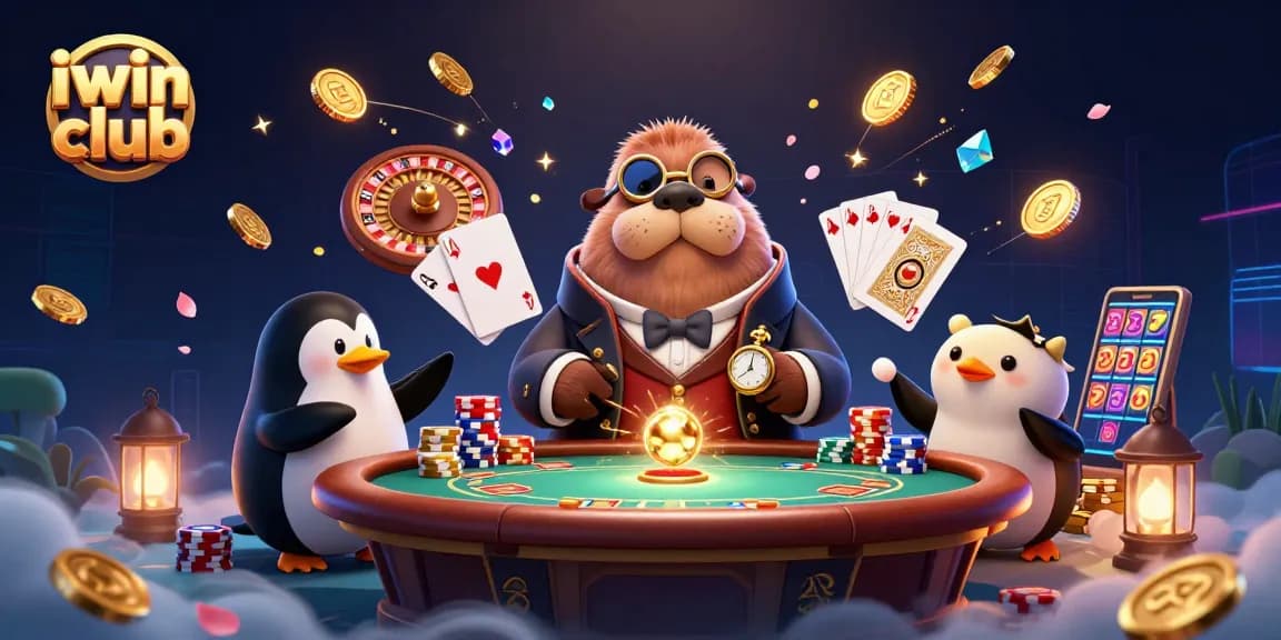 iwin club showcases a jolly walrus and card players in a vibrant, immersive casino scene.