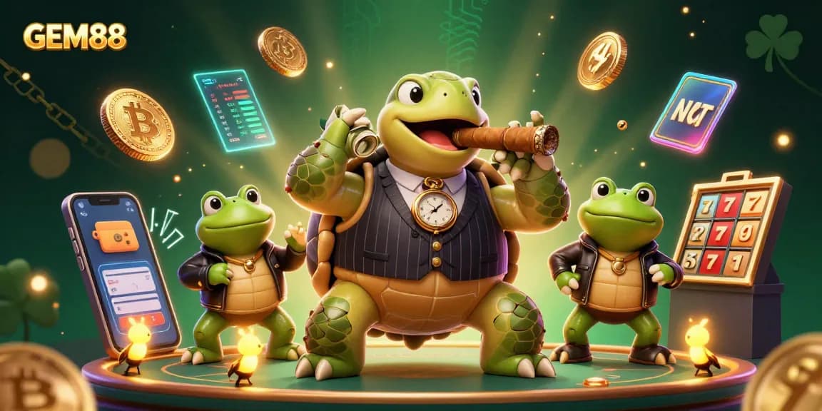 Experience the GEM88 thrill with a snapping turtle mobster and bullfrog enforcers amid neon slot excitement.